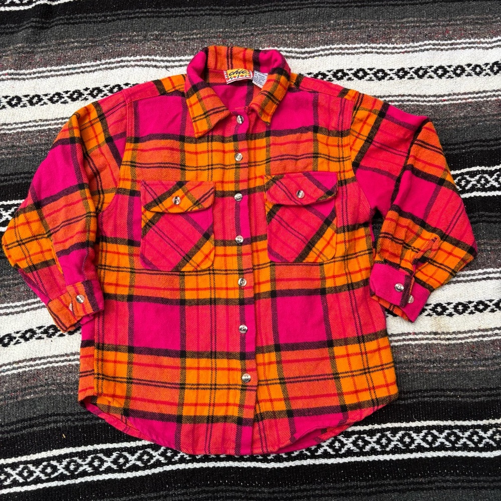 VINTAGE CHIC ORANGE PINK PLAID FLANNEL BUTTON UP TOP GIRLS SIZE MEDIUM